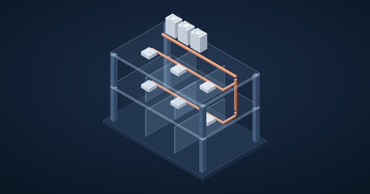 Comparison sketch of three air conditioning systems: individual split units, a VRF system with one outdoor unit serving many rooms, and a chilled water plant serving fan coil units